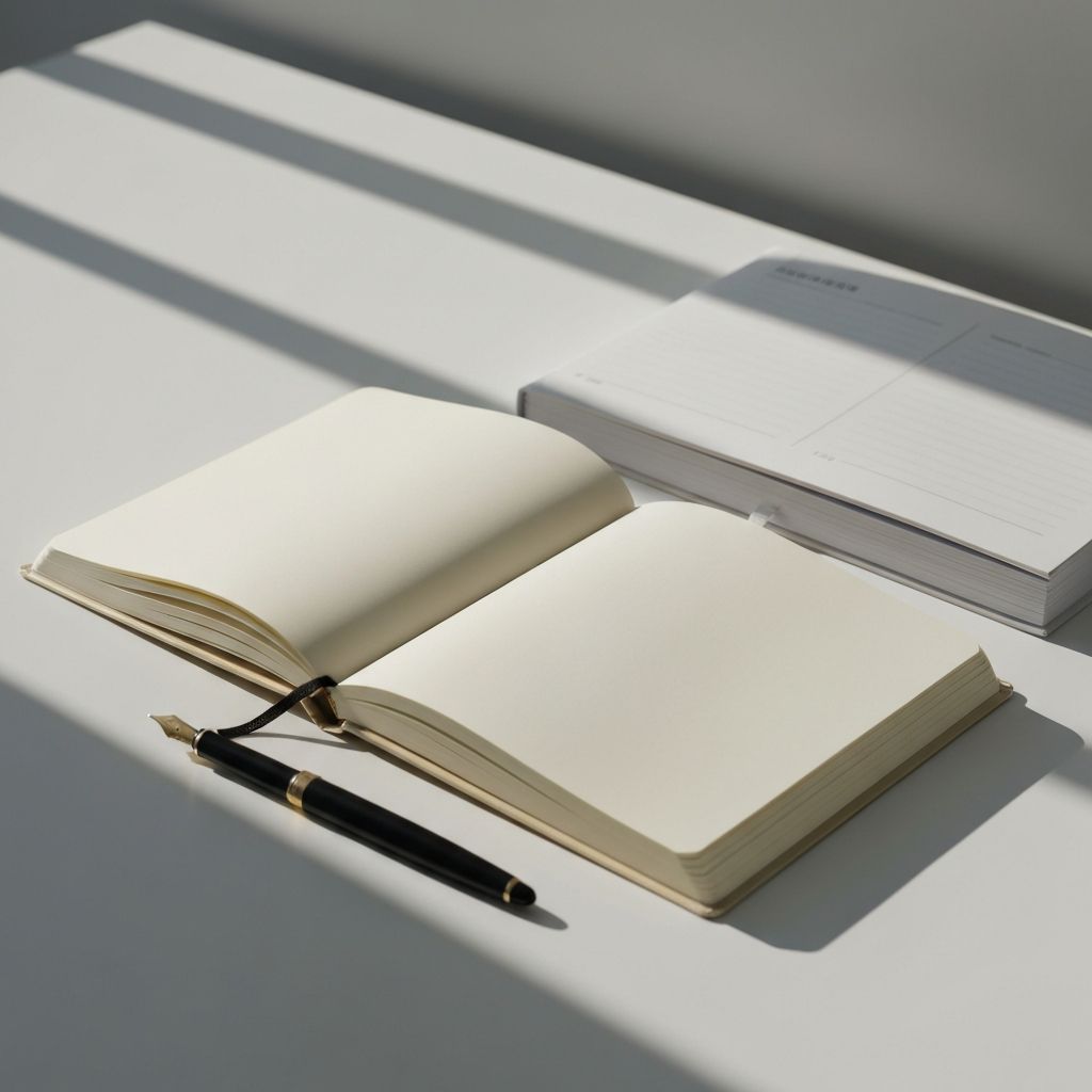 Weißer Schreibtisch mit offenen Notizbuch, Planer und Füllfederhalter angeordnet