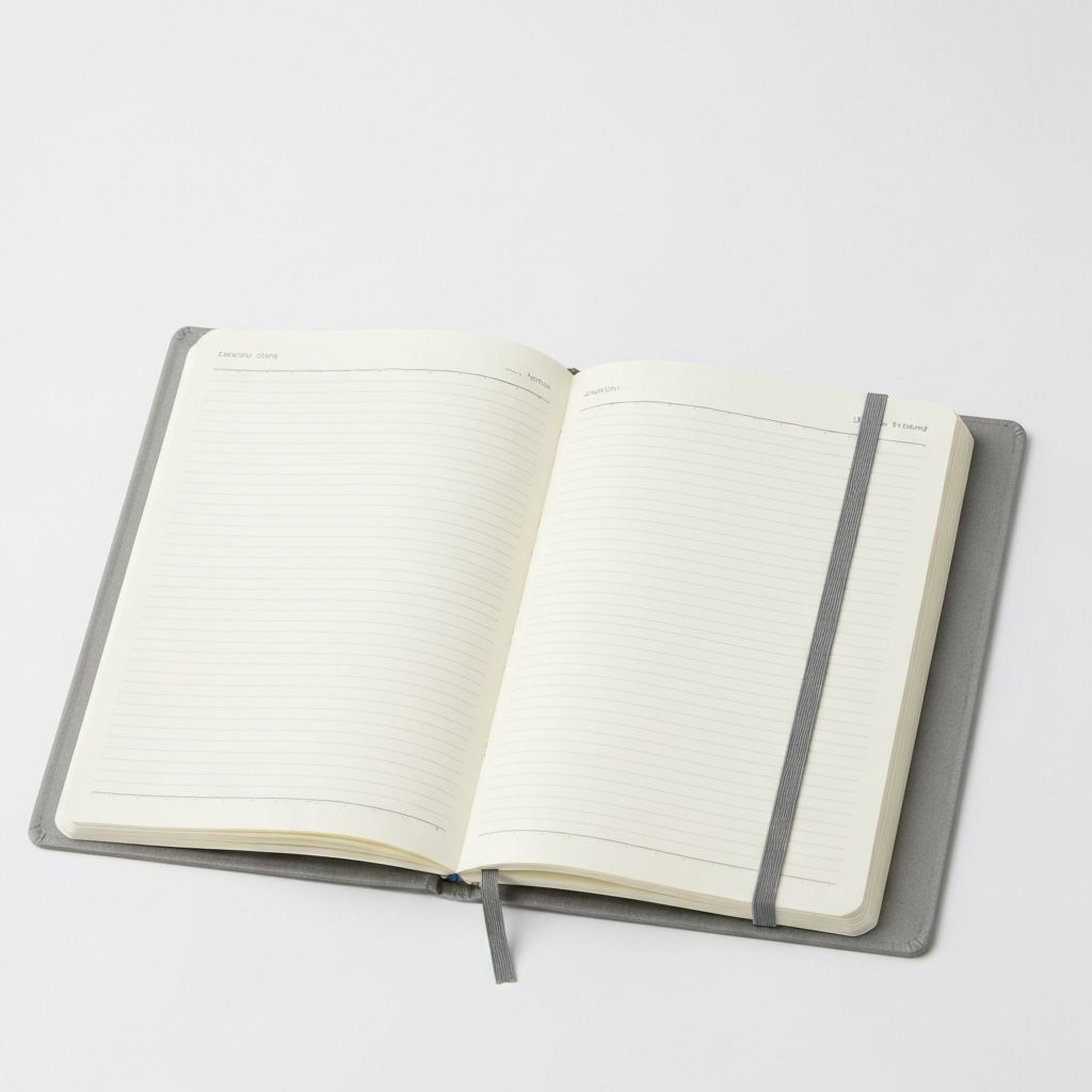 Liniertes Notizbuch mit grauem Umschlag und mehreren Seiten sichtbar
