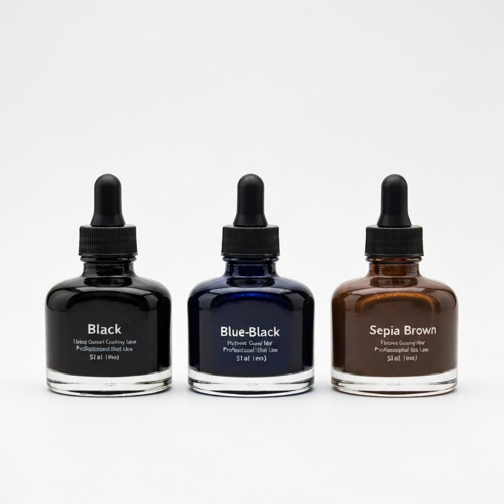 Drei hochwertige Tintenpatronen in Schwarz, Blau und Braun nebeneinander